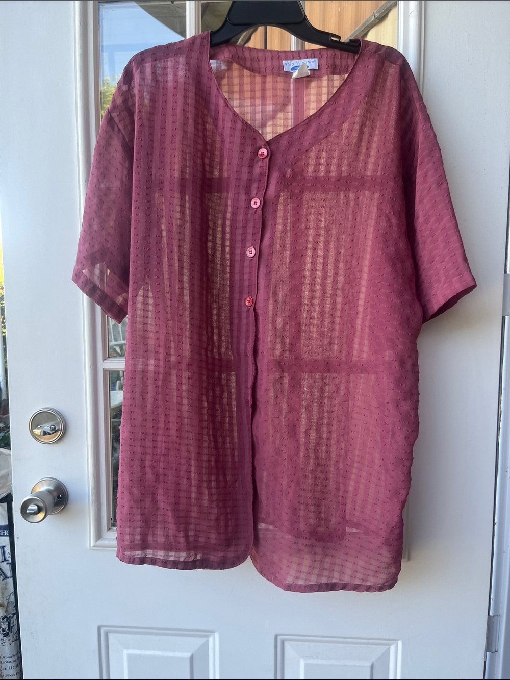 Sheer Button-Front Women’s Tops in Dusty Rose and soft silver.